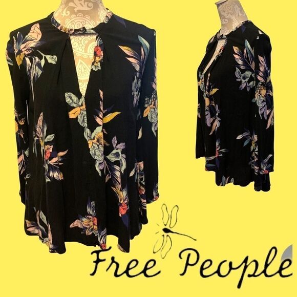 Free People Black Tropical Floral Tunic Top - Picture 2 of 8